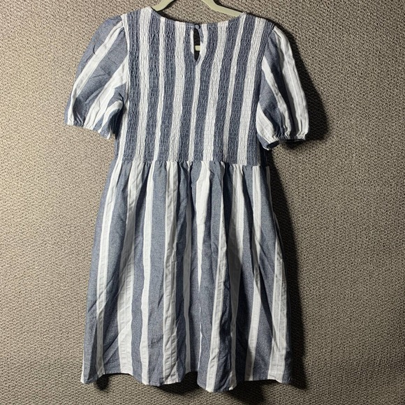 Listicle Womens Dress Blue Striped Babydoll Short Sleeves Mini Smocked Pockets - Picture 7 of 12